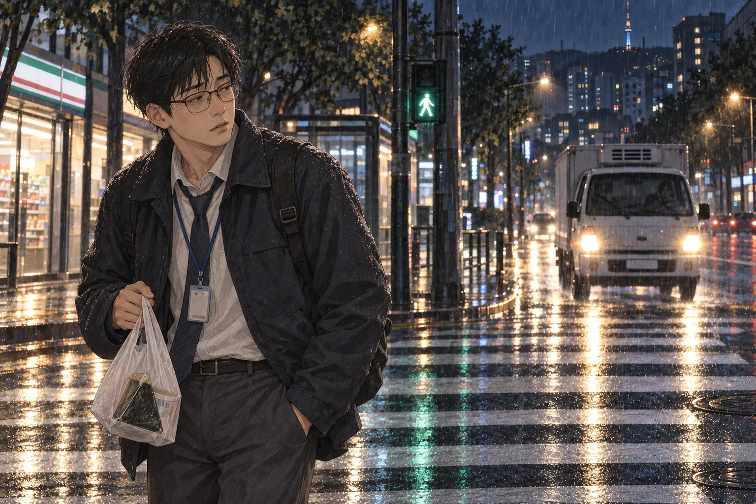 비 내리는 밤, 편의점 봉투를 들고 횡단보도에 선 회사원